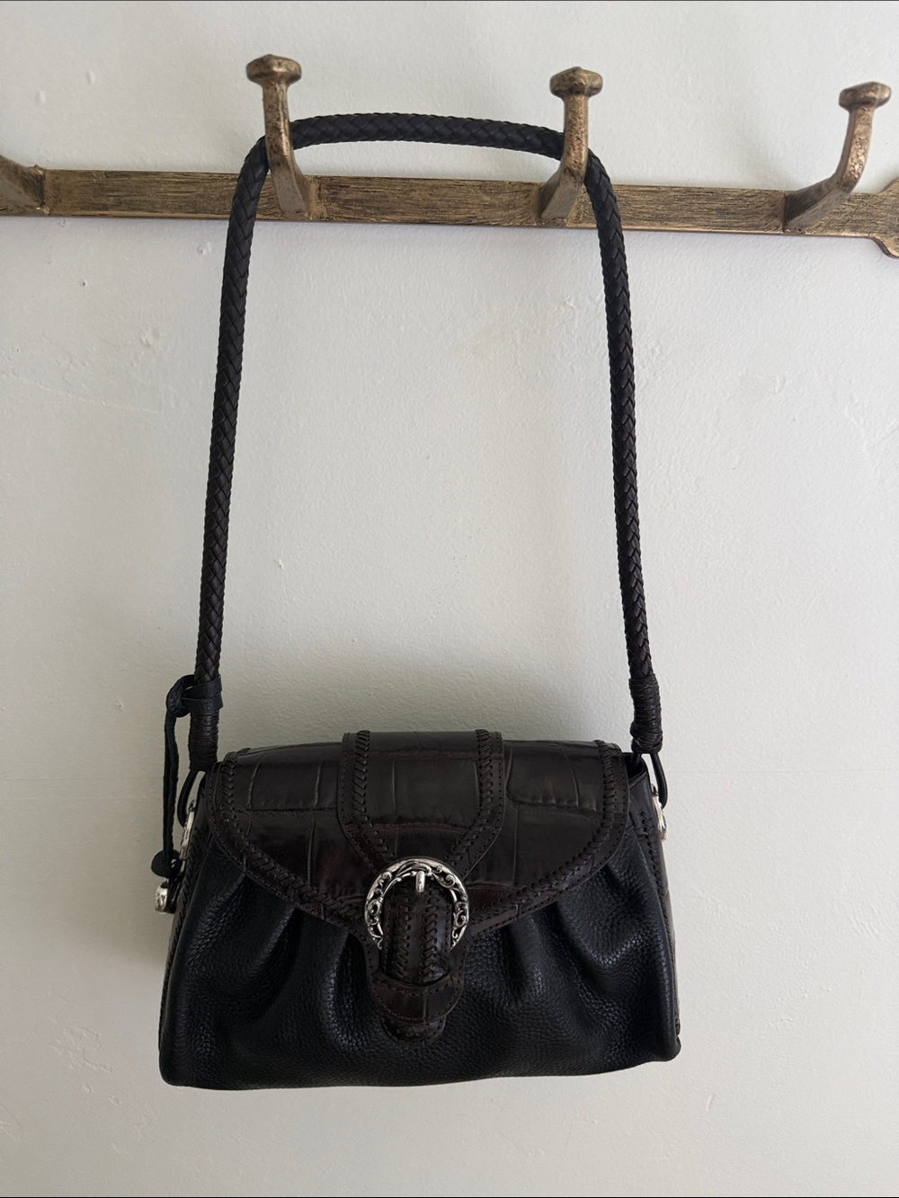 Brighton Black Braided-Strap Crossbody with Silver Buckle Accent